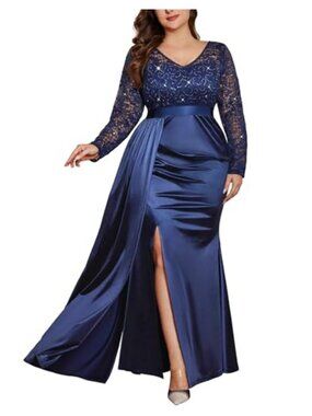 Plus Size Formal V Neck Satin Sequin Lace Mermaid Gown Maxi Dress